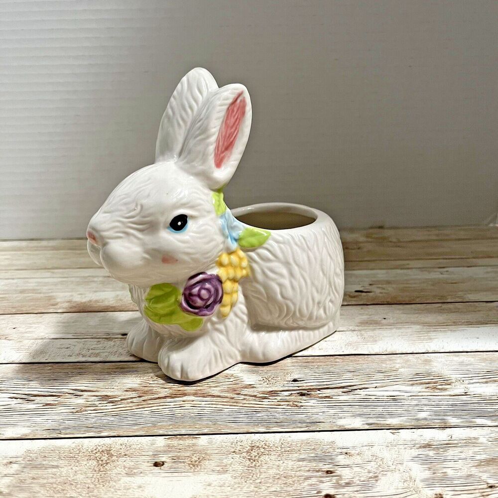 White Rabbit with Flowers Vintage Ceramic Planter Decor, Spring, Easter